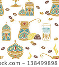Turkish coffee cezve, dessert, glass water, roasted beans Arabica. Hand drawn vector seamless pattern. For cookbooks designs magazines oriental coffee houses and dishware, postcards banners clip arts. 138499898