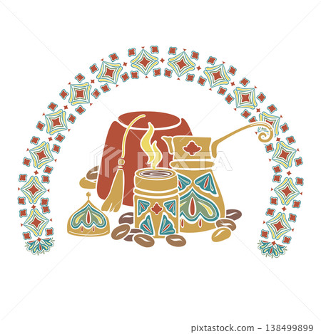 Turkish coffee cezve, traditional fez, roasted beans Arabica. Hand drawn vector illustration flat For cookbooks designs magazines oriental coffee houses and dishware, postcards banners clip arts. Turkish coffee cezve, traditional fez, roasted beans Arabica. Hand drawn vector illustration flat For cookbooks designs magazines oriental coffee houses and dishware, postcards banners clip arts. 138499899