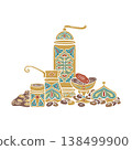 Turkish coffee cezve grinder, dried dates, roasted beans Arabica. Hand drawn vector illustration flat For cookbooks designs magazines oriental coffee houses and dishware, postcards banners clip arts. 138499900