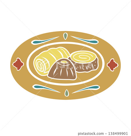 Turkish traditional dessert on decorated plate for coffee. Hand drawn vector illustration flat. For cookbooks designs magazines oriental coffee houses and dishware, postcards banners clip arts. Turkish traditional dessert on decorated plate for coffee. Hand drawn vector illustration flat. For cookbooks designs magazines oriental coffee houses and dishware, postcards banners clip arts. 138499901
