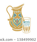 Turkish traditional jar and glass of water with ornament. Hand drawn vector illustration flat. For cookbooks designs magazines oriental coffee houses and dishware, postcards banners clip arts. 138499902