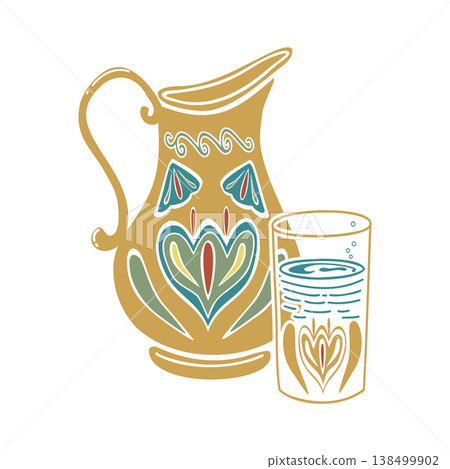Turkish traditional jar and glass of water with ornament. Hand drawn vector illustration flat. For cookbooks designs magazines oriental coffee houses and dishware, postcards banners clip arts. Turkish traditional jar and glass of water with ornament. Hand drawn vector illustration flat. For cookbooks designs magazines oriental coffee houses and dishware, postcards banners clip arts. 138499902