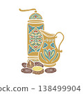 Turkish coffee grinder with jar, dates dessert. Hand drawn vector illustration isolated. For cookbooks designs, magazines, oriental coffee houses and dishware, holidays, postcards banners clip arts. 138499904