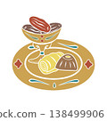 Turkish traditional dessert on plate for coffee, dried dates. Hand drawn vector illustration flat. For cookbooks designs magazines oriental coffee houses and dishware, postcards banners clip arts. 138499906