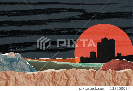 Paper art, conceptual lamdscape collage in dadaism style Paper art, conceptual lamdscape collage in dadaism style 138500024