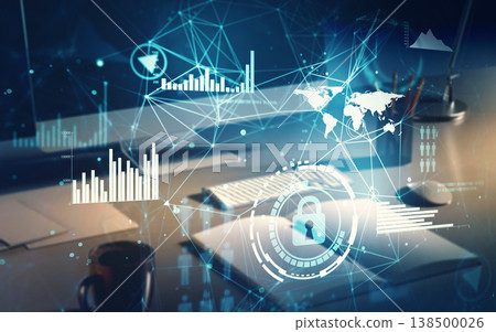 3d illustration of late night workplace with data technology. 3d illustration of late night workplace with data technology. 138500026