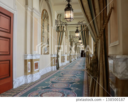 Tokyo Luxury Hotel Interior: A Perspective Composition of an Empty Long Corridor and Carpet | Banner, Web Design, Luxury Brand Advertising 138500187
