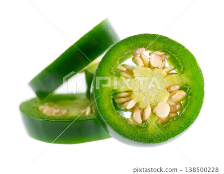 Fresh jalapeno pepper isolated on white background. Slices of green hot serrano pepper. Clipping path. Fresh jalapeno pepper isolated on white background. Slices of green hot serrano pepper. Clipping path. 138500228