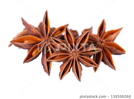 Star anise isolated on white background. Anise stars or badian spice. Clipping path. Star anise isolated on white background. Anise stars or badian spice. Clipping path. 138500268