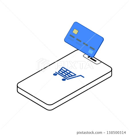 智慧型手機購物車圖示：線上購物和行動支付的等距插圖。 138500314