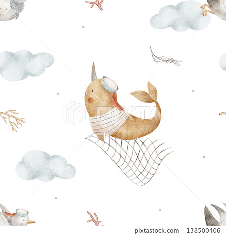 Pattern whale narwhal, seagulls sailors in clouds, seine, seaweed, corals. Watercolor illustration fish bird hand-drawn in nautical children's style, isolated background for design fabrics wallpaper Pattern whale narwhal, seagulls sailors in clouds, seine, seaweed, corals. Watercolor illustration fish bird hand-drawn in nautical children's style, isolated background for design fabrics wallpaper 138500406