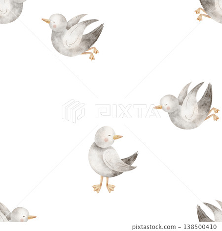 Pattern seabirds seagulls flying. Watercolor illustrations birds hand-drawn in nautical children's cute style. Isolated background for fabric design clothing textiles nursery wallpaper postcards Pattern seabirds seagulls flying. Watercolor illustrations birds hand-drawn in nautical children's cute style. Isolated background for fabric design clothing textiles nursery wallpaper postcards 138500410