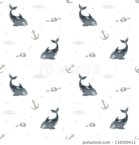 Pattern killer whale, anchor, stones, rock, wave. Hand-drawn watercolor illustration fish in childish nautical style. Print isolated from background for fabric design textiles baby wallpaper packaging 138500411