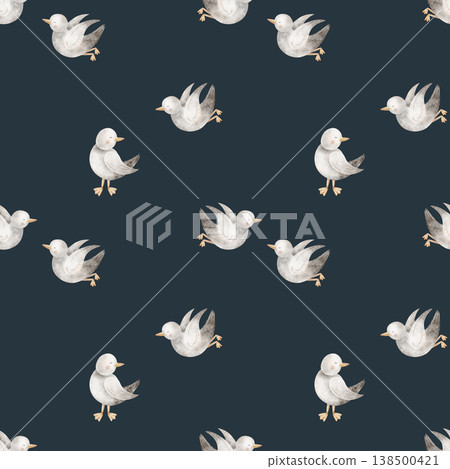Pattern seabirds seagulls flying. Watercolor illustrations birds hand-drawn in nautical children's cute style, on dark blue background for fabric design clothing textiles nursery wallpaper postcards Pattern seabirds seagulls flying. Watercolor illustrations birds hand-drawn in nautical children's cute style, on dark blue background for fabric design clothing textiles nursery wallpaper postcards 138500421