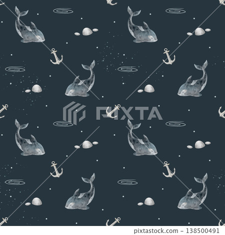 Pattern killer whale, anchor, stones, rock, wave. Hand-drawn watercolor illustration fish in childish nautical style. Print on dark blue background for fabric design textiles baby wallpaper packaging Pattern killer whale, anchor, stones, rock, wave. Hand-drawn watercolor illustration fish in childish nautical style. Print on dark blue background for fabric design textiles baby wallpaper packaging 138500491