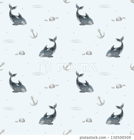 Pattern killer whale, anchor, stones, rock, wave. Hand-drawn watercolor illustration fish in childish nautical style. Print on light blue background for fabric design textiles baby wallpaper packaging Pattern killer whale, anchor, stones, rock, wave. Hand-drawn watercolor illustration fish in childish nautical style. Print on light blue background for fabric design textiles baby wallpaper packaging 138500509