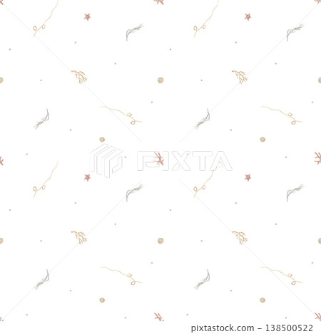 Pattern seaweed, starfish, corals. Watercolor illustration sea shell hand-drawn in nautical children's style. Endless summer print on isolated background for fabric textile packaging clothes wallpaper 138500522