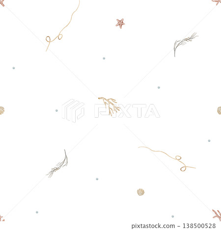 Pattern seaweed, starfish, corals. Watercolor illustration sea shell hand-drawn in nautical children's style. Endless summer print on isolated background for fabric textile packaging clothes wallpaper Pattern seaweed, starfish, corals. Watercolor illustration sea shell hand-drawn in nautical children's style. Endless summer print on isolated background for fabric textile packaging clothes wallpaper 138500528