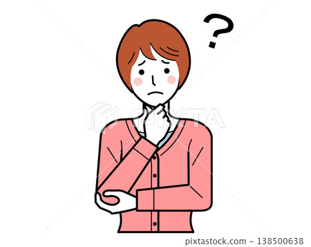 Facing forward. A young woman wearing a cardigan, with her hand on her chin and a troubled expression. Facing forward. A young woman wearing a cardigan, with her hand on her chin and a troubled expression. 138500638