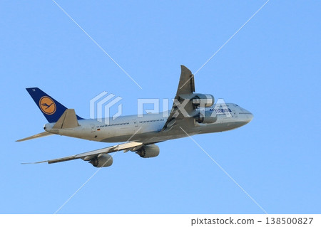 A passenger plane ascends: a 747 Jumbo Jet, operated by Lufthansa. A passenger plane ascends: a 747 Jumbo Jet, operated by Lufthansa. 138500827