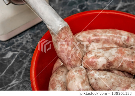 Cooking sausages raw minced meat using natural shell meat grinder home Cooking sausages raw minced meat using natural shell meat grinder home 138501133
