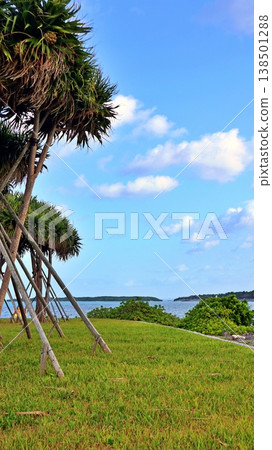 沖繩海濱長廊的夏日景色,俯瞰蔚藍的天空和大海。 沖繩海濱長廊的夏日景色,俯瞰蔚藍的天空和大海。 138501288