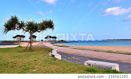 沖繩的夏天,藍天白雲,海灘步道的景色。 沖繩的夏天,藍天白雲,海灘步道的景色。 138501293