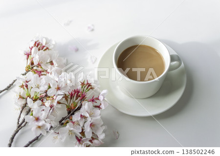 一根櫻花枝和一杯咖啡：春日咖啡館時光和空曠的空間。 138502246