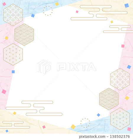 Japanese-style design frame, washi paper, confetti, Japanese pattern decoration, background, square size 138502376