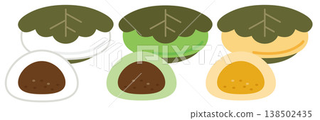 A set of illustrations showing the appearance and cross-section of Kashiwa Mochi (rice cake wrapped in an oak leaf). 138502435