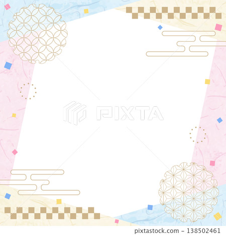 Japanese-style design frame, washi paper, confetti, Japanese pattern decoration, background, square size 138502461