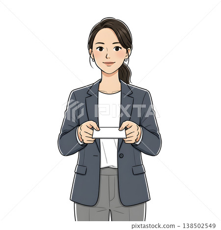 一位女銷售員雙手禮貌地遞出名片的插圖（手繪風格，白色背景）。 138502549