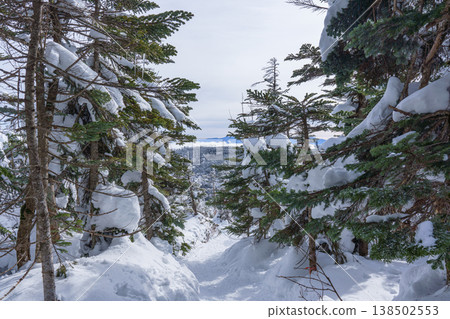 Winter mountain climbing scenery on Mt. Kitayokodake in Nagano Prefecture: A snow-covered mountain landscape. 138502553