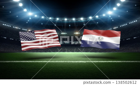 Usa and Paraguay flags on soccer stadium field. Usa and Paraguay flags on soccer stadium field. 138502612