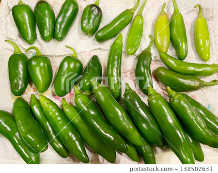Close-up photo of a spicy jalapeño pepper (green chili pepper). Close-up photo of a spicy jalapeño pepper (green chili pepper). 138502631