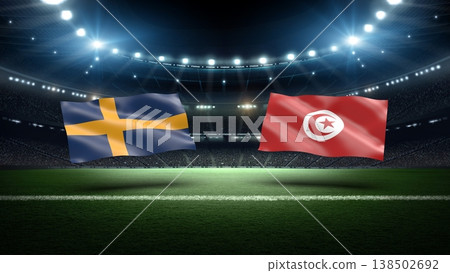Sweden and Tunisia flags on soccer stadium field. 138502692