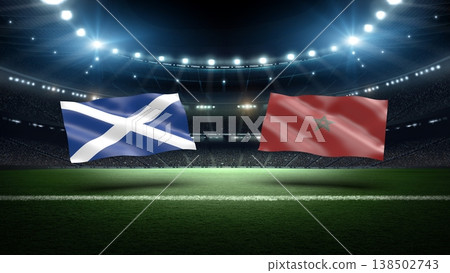 Scotland and Morocco flags on soccer stadium field Scotland and Morocco flags on soccer stadium field 138502743