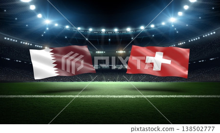 Qatar and Switzerland flags on soccer stadium field.  138502777