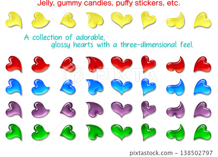 A set of 5 adorable, glossy, plump, three-dimensional heart-shaped gummy candies/jelly in various colors. A set of 5 adorable, glossy, plump, three-dimensional heart-shaped gummy candies/jelly in various colors. 138502797