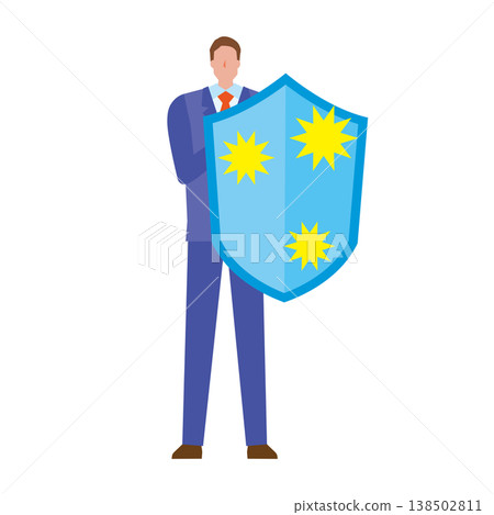 A man uses a shield to block the risk. A man uses a shield to block the risk. 138502811