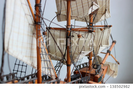 Close up of the masts and yards on which the ropes and sails are strung. Hobby of assembling scale models Close up of the masts and yards on which the ropes and sails are strung. Hobby of assembling scale models 138502982