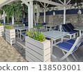Outdoor dining setup with plants and seating areas 138503001