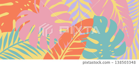 Bright tropical leaves pattern background with monstera and palm foliage Bright tropical leaves pattern background with monstera and palm foliage 138503348