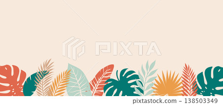 Tropical leaves bottom border background with monstera and palm in teal and orange 138503349