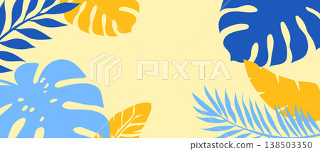 Minimalist tropical leaves background in blue and yellow with monstera and palm Minimalist tropical leaves background in blue and yellow with monstera and palm 138503350