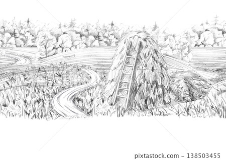 A seamless border of a field with a road, a haystack, and a forest. Isolated pencil illustration for farm branding, country-style websites, and designs for companies with a rustic aesthetic. A seamless border of a field with a road, a haystack, and a forest. Isolated pencil illustration for farm branding, country-style websites, and designs for companies with a rustic aesthetic. 138503455