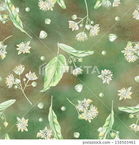 A seamless pattern with blossoming linden branches on a green background. This isolated watercolor illustration is suitable for pharmaceutical design, menus, cosmetics, and eco-friendly products. A seamless pattern with blossoming linden branches on a green background. This isolated watercolor illustration is suitable for pharmaceutical design, menus, cosmetics, and eco-friendly products. 138503461