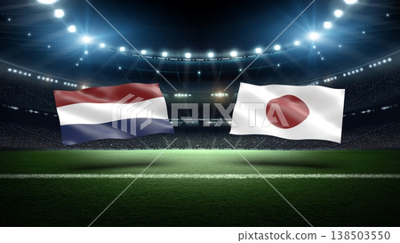 Netherlands and Japan flags on soccer stadium field. Netherlands and Japan flags on soccer stadium field. 138503550