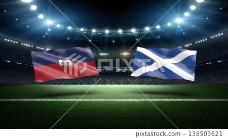 Haiti and Scotland flags on soccer stadium field. 138503621