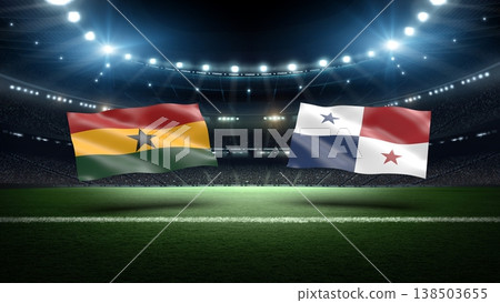 Ghana and Panama flags on soccer stadium field. 138503655